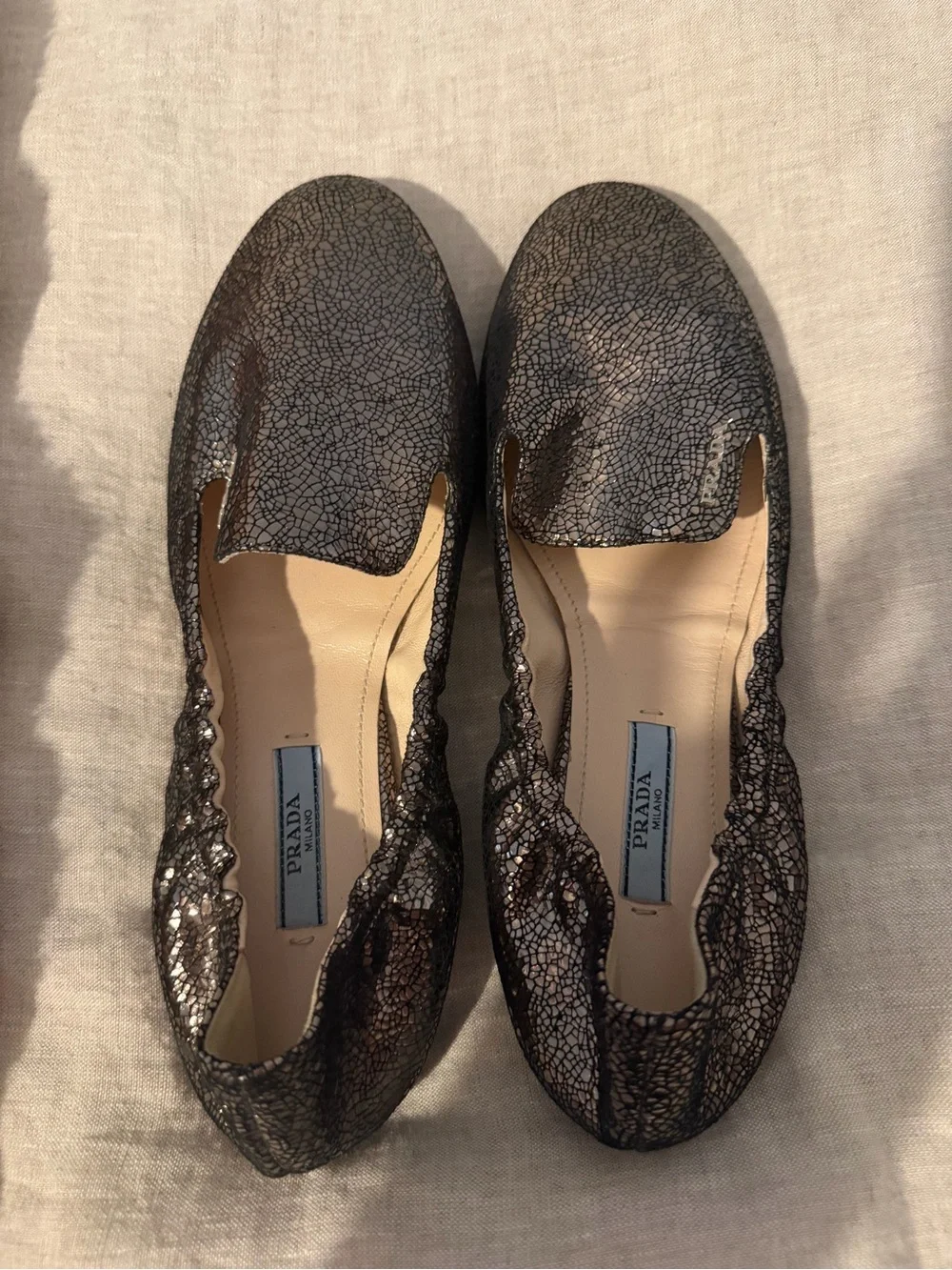 Prada Metallic Crackle Ballentina Flats